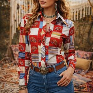 Vintage 70s Lady Arrow Patchwork‎ Paisley Cotton Shirt Red Boho Disco